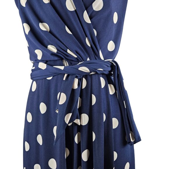 Eliza J Polka Dot Jersey Faux Wrap Dress Size 8 Fully Lined Belt Navy Blue Cream - Picture 6 of 11